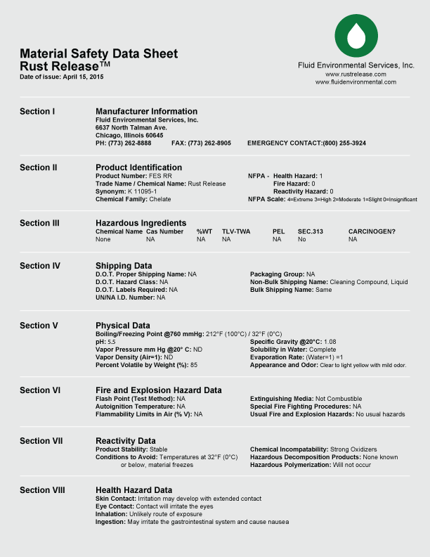 Rust Release MSDS Sheet 1